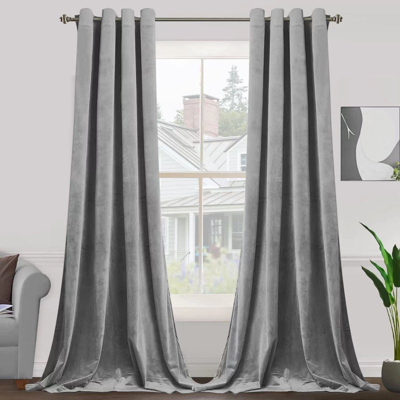 SMILETIME Grey 108 in Long Velvet Curtains with Grommet, Thermal Insulated Super Soft Privacy Noise Reducing Light Filtering Velvet Curtains for Living Room, 2 Panels, Each 52 x 108 inches Long - Image 1